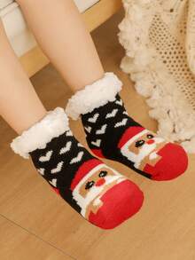 1 par de calcetines gruesos con diseño de Papá Noel y corazón, forrados de felpa, con puntera redonda, cómodos para el atuendo navideño para niños