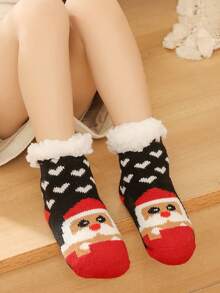1 par de calcetines gruesos con diseño de Papá Noel y corazón, forrados de felpa, con puntera redonda, cómodos para el atuendo navideño para niños