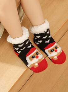 1 par de calcetines gruesos con diseño de Papá Noel y corazón, forrados de felpa, con puntera redonda, cómodos para el atuendo navideño para niños