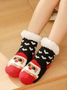 1 par de calcetines gruesos con diseño de Papá Noel y corazón, forrados de felpa, con puntera redonda, cómodos para el atuendo navideño para niños