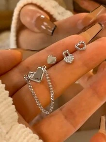 4pcs/set Simple & Sweet & Classy & High-end & Unique Design Heart Shaped Earrings Set For Daily Wear - Silver - View 4