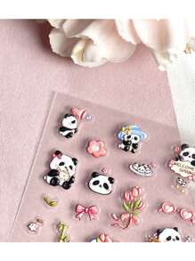 1張5d浮雕粉色可愛熊貓、竹子和花卉指甲藝術貼紙 - 粉色 - 查看 4