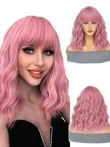 14 吋粉紅色瀏海假髮女女孩短捲髮鮑伯假髮適合日常使用粉紅色假髮,萬聖節角色扮演服裝派對假髮