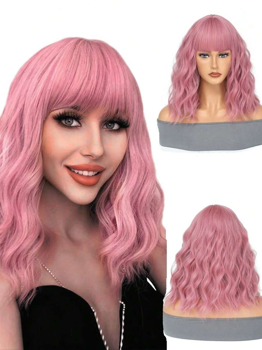 14 吋粉紅色瀏海假髮女女孩短捲髮鮑伯假髮適合日常使用粉紅色假髮,萬聖節角色扮演服裝派對假髮