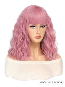 14 吋粉紅色瀏海假髮女女孩短捲髮鮑伯假髮適合日常使用粉紅色假髮,萬聖節角色扮演服裝派對假髮