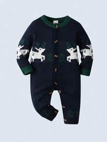 BOARNSEORL 男婴鹿图案针织连体衣，适合节日、派对、圣诞节、秋冬季 - 藏蓝色 - 查看 1