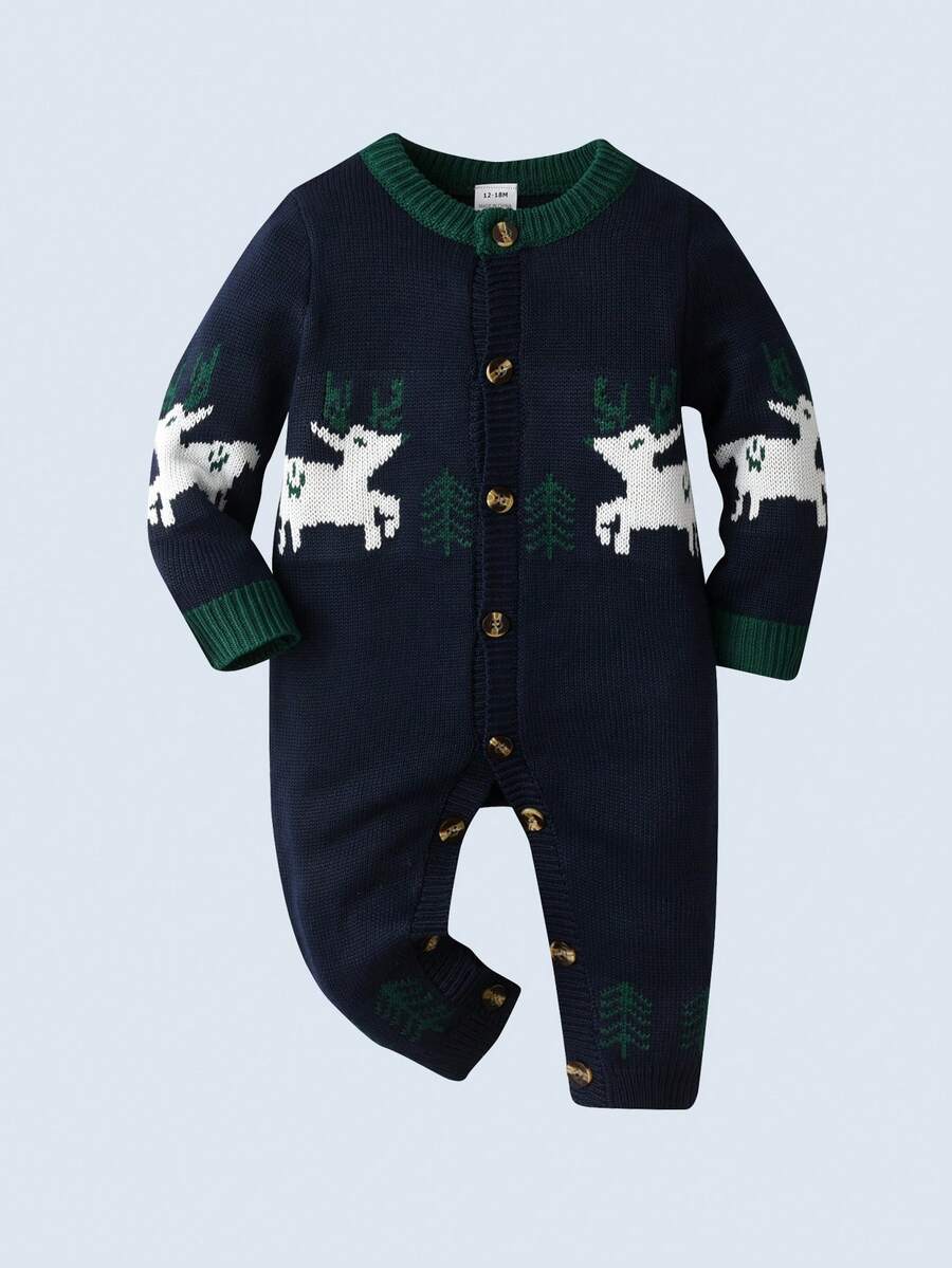 BOARNSEORL 男婴鹿图案针织连体衣，适合节日、派对、圣诞节、秋冬季 - 藏蓝色 - 查看 1