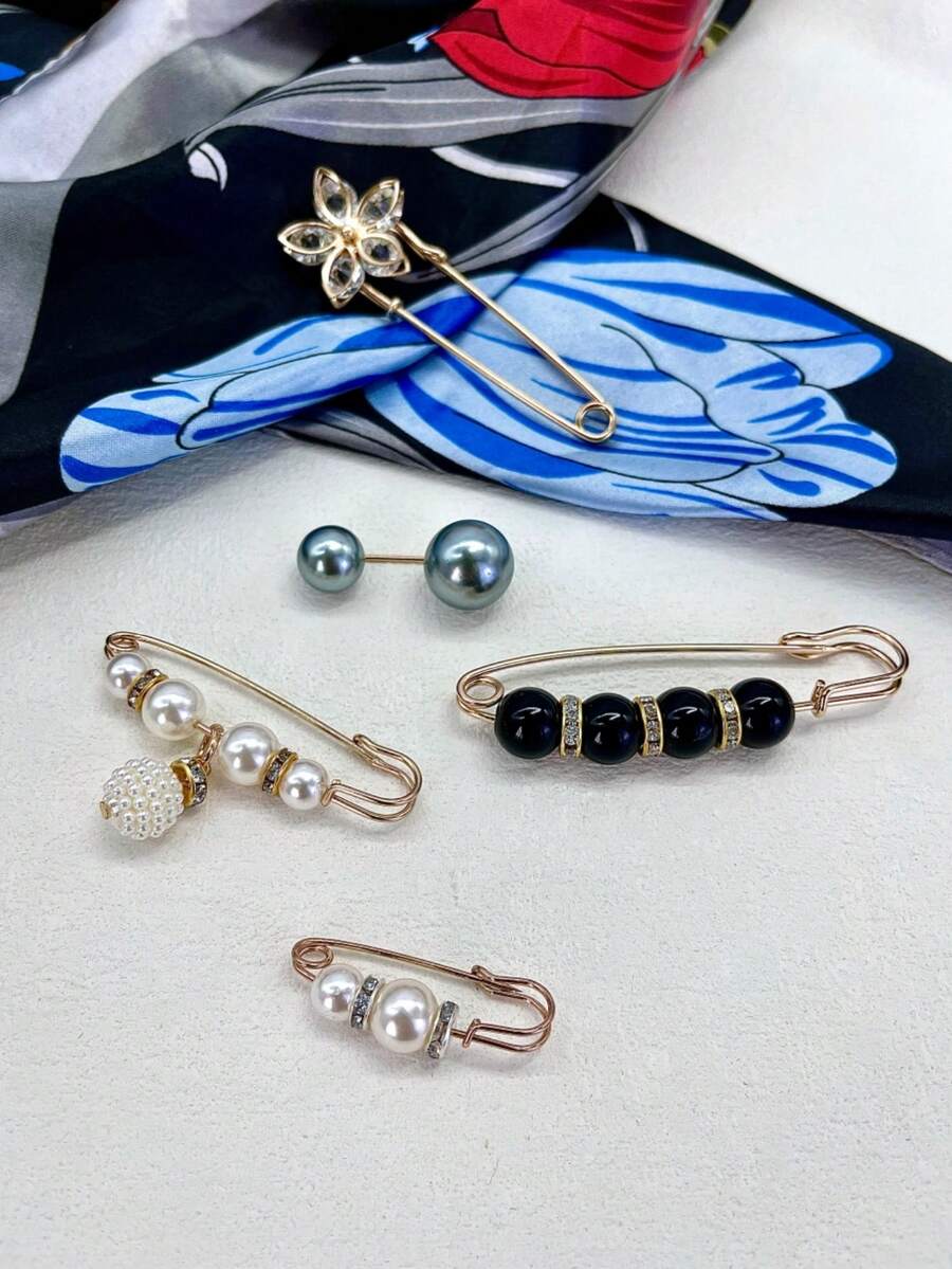 5入組女性時尚優雅花&珍珠胸針合適的適用於日常衣服&