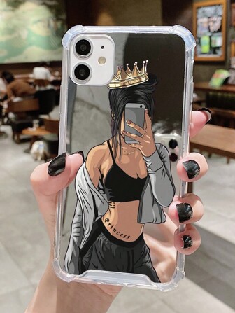 1個白色卡通女性自拍圖案亞克力電鍍鏡面手機殼,適用於蘋果iphone