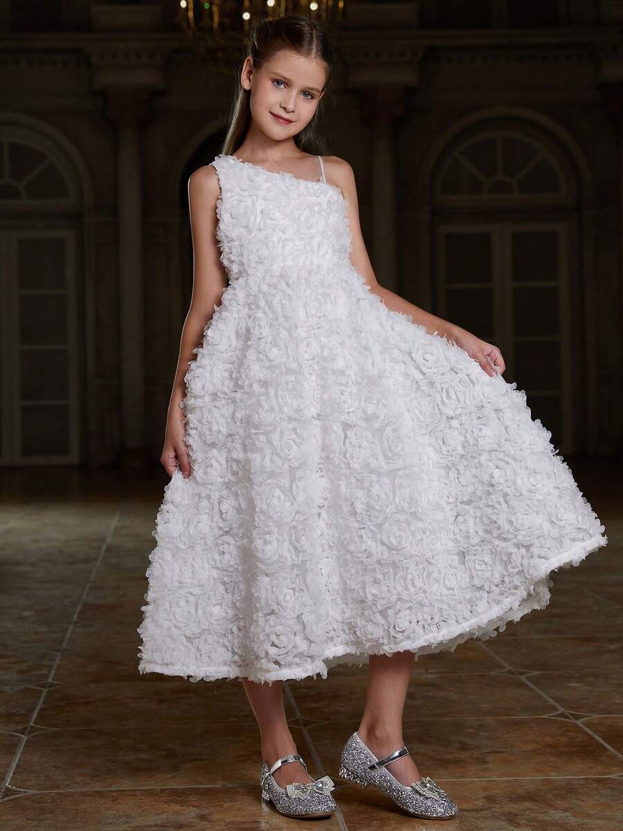 Junior Girls' Sleeveless Embroidered Mesh Prom Dress - White - View 1