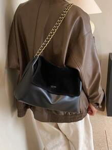 Fashionable Vintage Solid Color Flap Metal Chain Women's Shoulder Bag - Black - View 4