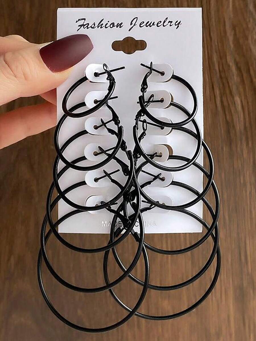 6 Pairs Of Black Metal Earrings With Large Circles And Exaggerated Earrings Set - Black - View 1