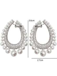 1 Par De Brincos Declarativos De Círculo Completo De Pérola Falsa Luxuosa E Zircônia Cúbica Para Mulheres, Perfeito Para Noite Romântica - Prata - Ver 4