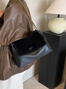Fashionable Vintage Solid Color Flap Metal Chain Women's Shoulder Bag - Black - View 2