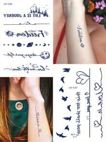 2 件裝藍色果汁臨時紋身貼紙,帶有銀河元素、星星、月亮、森林、心形、線條、飛鳥圖案、閃光人體藝術,適合成人、女士、男士