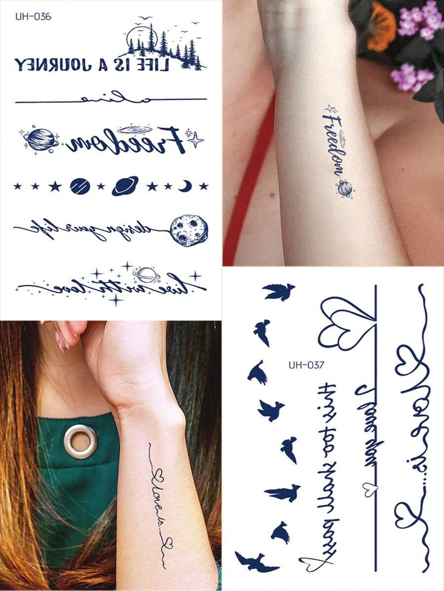 2 件裝藍色果汁臨時紋身貼紙,帶有銀河元素、星星、月亮、森林、心形、線條、飛鳥圖案、閃光人體藝術,適合成人、女士、男士