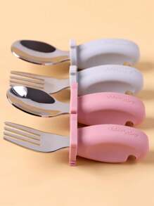 1set/2pcs Stainless Steel Short Handle Fork & Spoon Set For Babies' Self-feeding Training, Including Cartoon Silicone Fork, Etc.