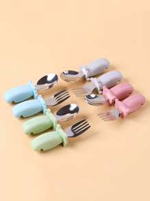 1set/2pcs Stainless Steel Short Handle Fork & Spoon Set For Babies' Self-feeding Training, Including Cartoon Silicone Fork, Etc.