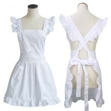 1 pieza Delantal blanco fruncido ribete ajustable con bolsillos , cosplay cocina cocinar limpieza ropa de trabajo - Blanco - Ver 3