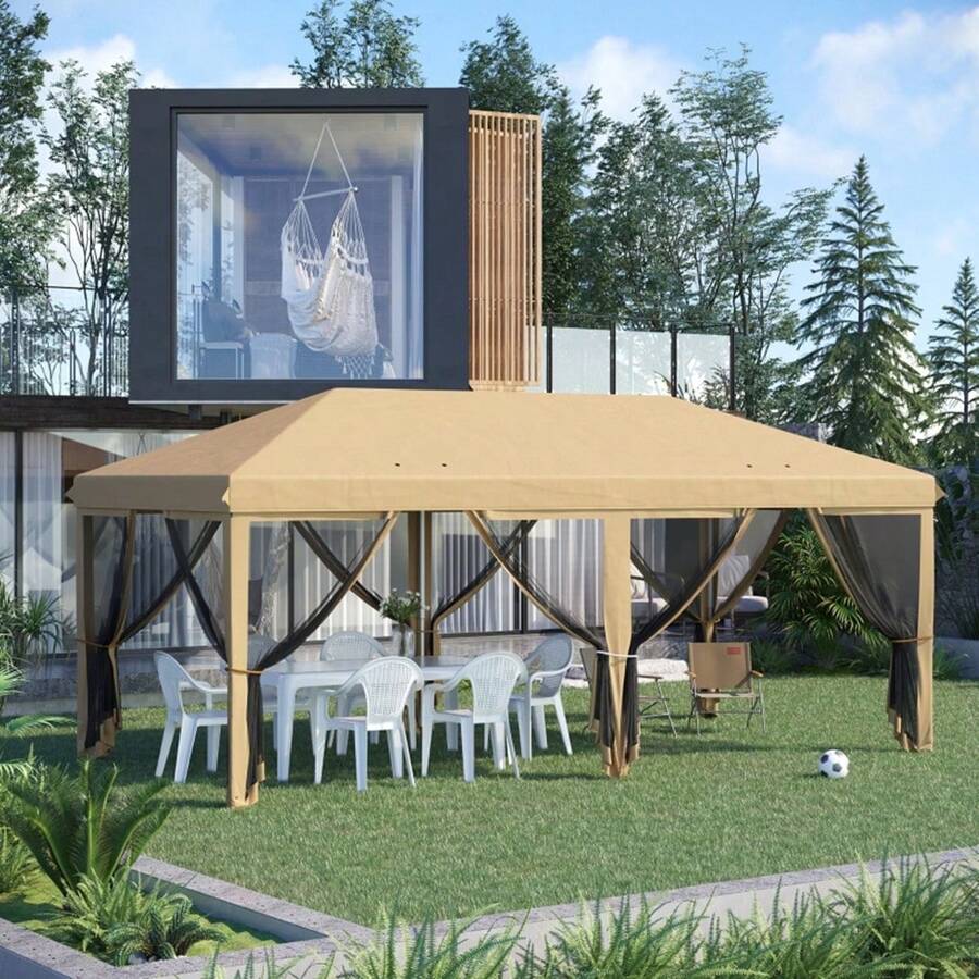 Canopy Tent, 19.25x9.75x8.75ft, Pop Up Canopy Party Tent With Netting, Waterproof And Sun Shelter Gazebo For Outdoor Party, Camping, Commercial Events - Kaki - Voir 1