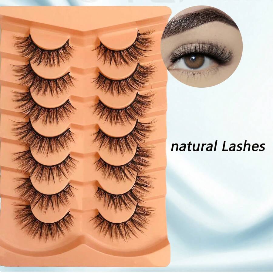 7pairs/Set Makeup False Eyelashes With 3d Natural Fluffy Faux Mink Material Cat & Fox Eye And Volume Style - Black - View 1