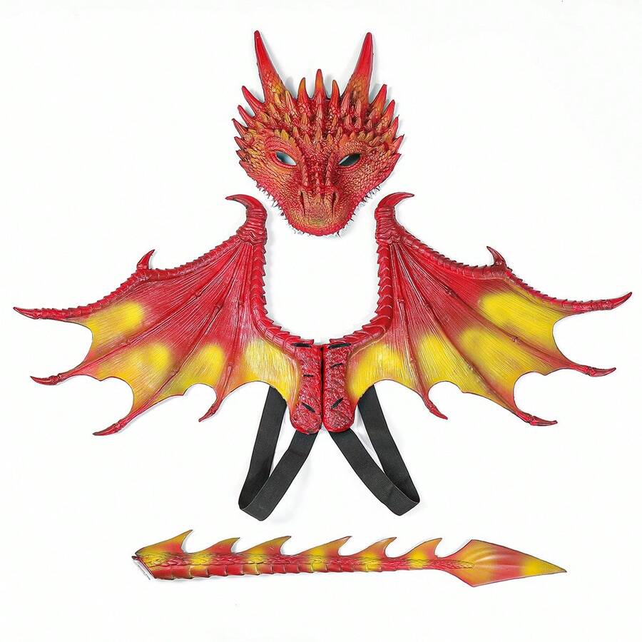 Conjunto de disfraz de dragón rojo para cosplay de 3 piezas, accesorios de fiesta - Rojo - Ver 1