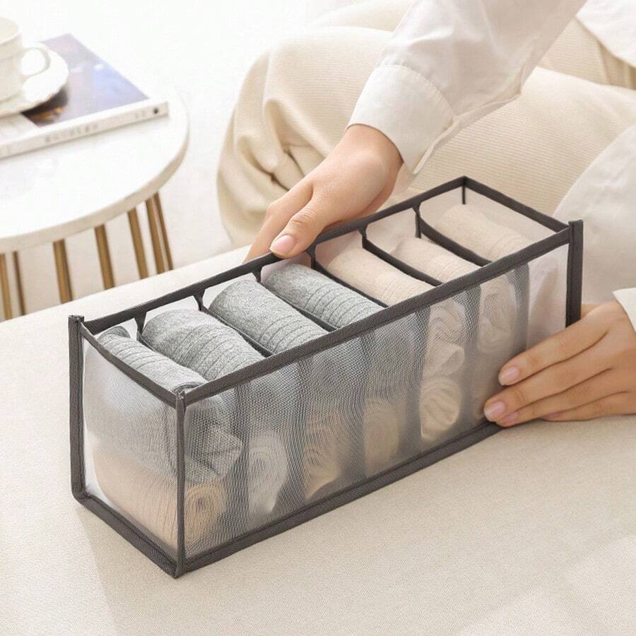1pc 7-compartment Underwear Storage Box, Drawer Divider Organizer For Home - Grey - View 1
