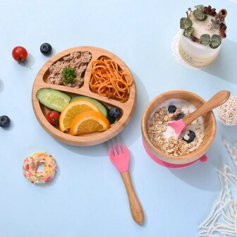 Bamboo Baby Bowl, Cartoon Design, Natural And , With Silicone Suction Cup- Secure And Anti-Slip Baby Feeding Plate