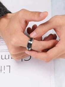 1pc Vintage Silver Stainless Steel Ring For Men, Black Carbon Fiber Detail Wedding Ring Christmas Gift Accessory - Silver - View 5