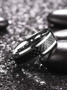 1pc Vintage Silver Stainless Steel Ring For Men, Black Carbon Fiber Detail Wedding Ring Christmas Gift Accessory - Silver - View 3