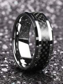 1pc Vintage Silver Stainless Steel Ring For Men, Black Carbon Fiber Detail Wedding Ring Christmas Gift Accessory - Silver - View 2