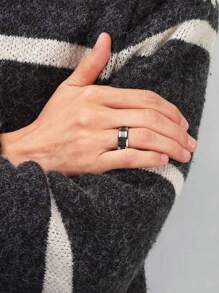 1pc Vintage Silver Stainless Steel Ring For Men, Black Carbon Fiber Detail Wedding Ring Christmas Gift Accessory - Silver - View 4