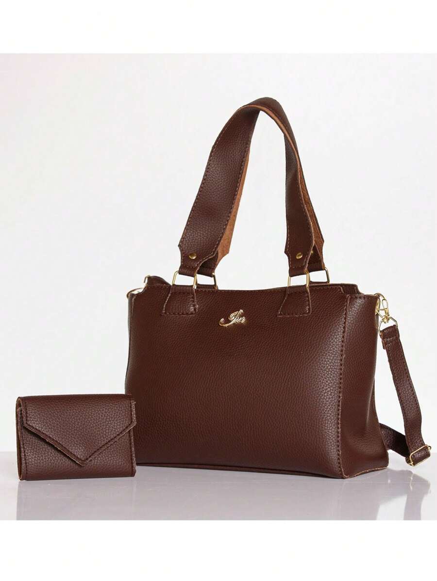 Conjunto de Bolsa Feminina Tote Média com Alça Transversal Removível Conjunto com Carteira Feminina Envelope Versátil - Marrom - Visão 1