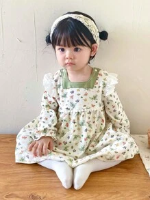 YOUQi 寶寶女孩長袖中式印花禮服,適合室內外穿著,適用於1周歲生日派對,四季皆宜