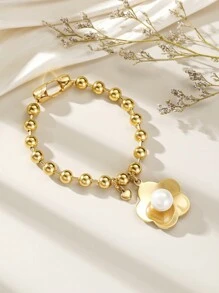金色不鏽鋼大梅花&珍珠手鍊,適合女性日常佩戴