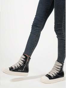 秋冬季女士大尺碼圓頭經典休閒厚底帶子時尚舒適踝靴黑色經典帶子休閒女靴 - 黑色 - 查看 4