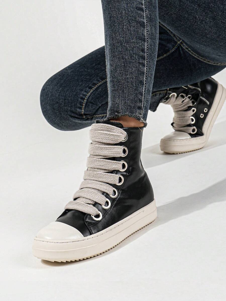 秋冬季女士大尺碼圓頭經典休閒厚底帶子時尚舒適踝靴黑色經典帶子休閒女靴 - 黑色 - 查看 1