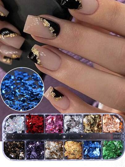 12 Colors Gold Nail Foil Aluminum Asymmetric Design Glitter Powder Sequins DIY Nail Art Flakes Manicure Accessories Shinny Mixed DIY Decoration Nail Charms Nail Gems Nail Supplies