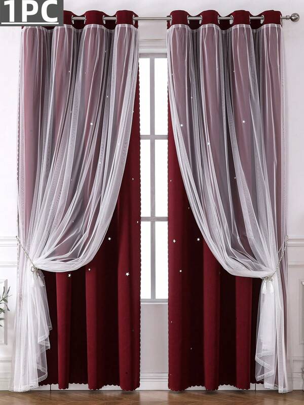 1pc Wine Red Curtain With Small Star Shaped Cutouts, Suitable For Living Room/bedroom With Sheer Fabric, Darkening And Blocking Light Features, Can Be Used As Festival Decoration, Cute And Unique Princess Style Curtain