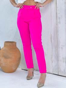 SHEIN Calça Feminina/bolso faca/passantes para cinto/ botões na cintura/fechamento em zíper/ bainha dobrada/social/botão amadeirado. - Pink - Visão 3