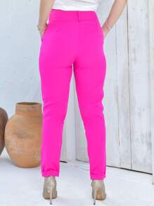 SHEIN Calça Feminina/bolso faca/passantes para cinto/ botões na cintura/fechamento em zíper/ bainha dobrada/social/botão amadeirado. - Pink - Visão 2