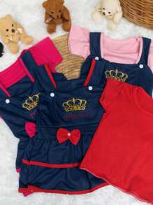 Kit 02 Jardineiras Jeans com blusinha Infantil Menina Recém-Nascida 04 peças - Multicolorido - Visão 6