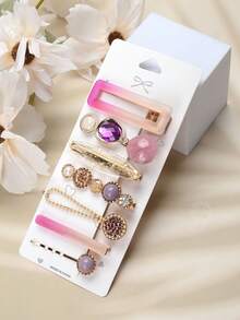 七件套套裝的時尚合金髮夾帶各種各樣釘珠裝飾,合適的適用於日常穿著女性