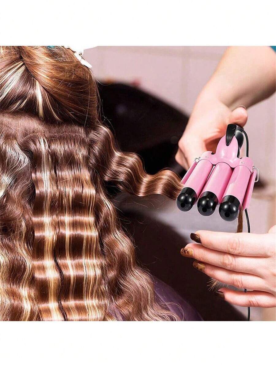 Pink Egg Roll Three-Bar Curling Iron For Big Wavy Water Ripple Triple Tube Electric Hair Curler - Pink - View 1