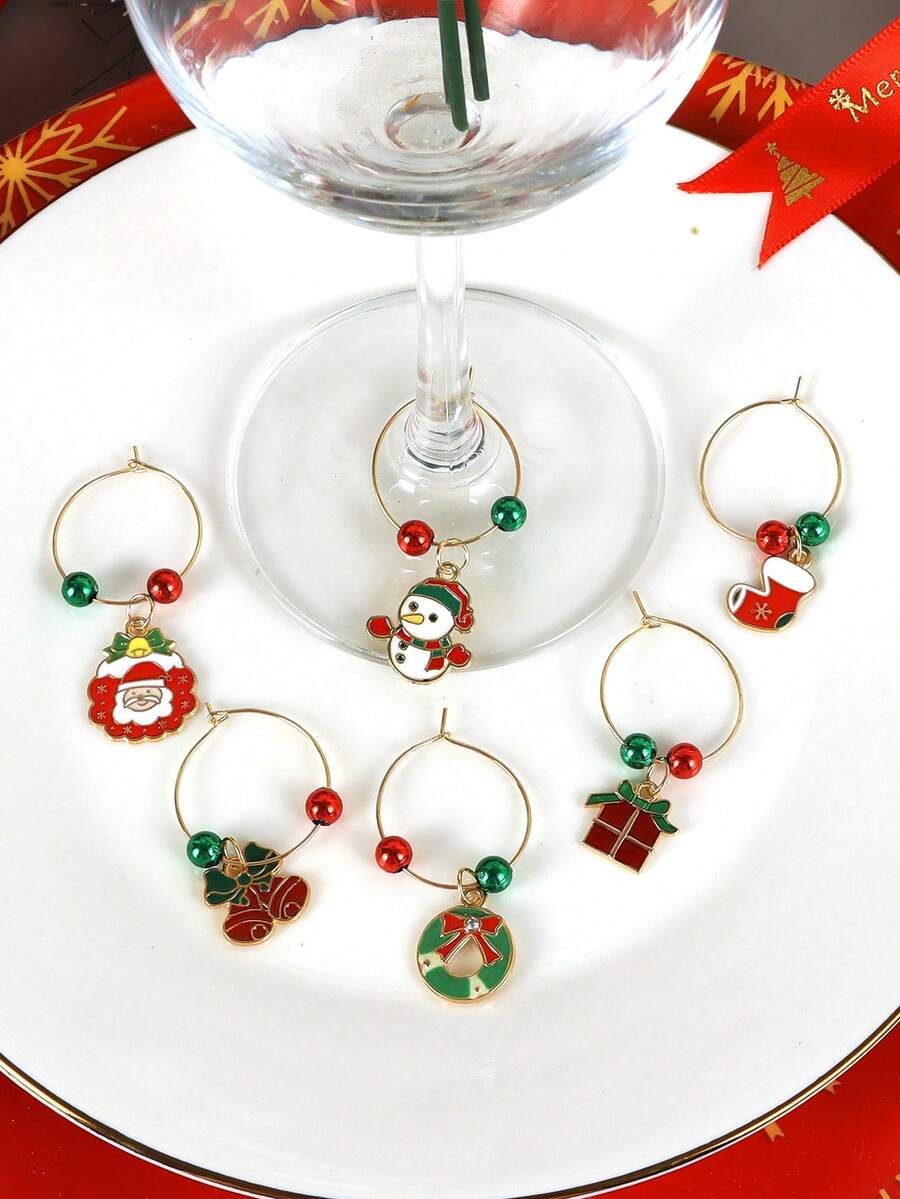 6入組合金可愛卡通聖誕元素酒杯飾品,適用於聖誕樹、酒吧、生日派對、酒店、鄉村莊園和家庭聚會