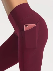 Lynfun 女性貼身運動緊身褲,內附手機口袋,跑步健身褲 - 酒紅色 - 查看 4