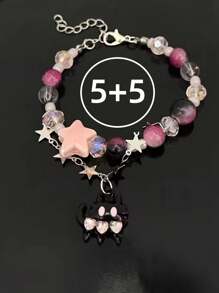 粉紅黑貓簡約玻璃串珠手鍊 - 粉色 - 查看 3