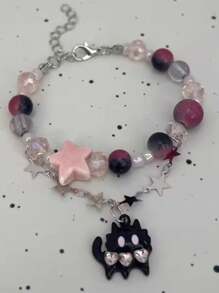 粉紅黑貓簡約玻璃串珠手鍊 - 粉色 - 查看 6