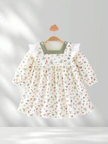 YOUQi 寶寶女孩長袖中式印花禮服,適合室內外穿著,適用於1周歲生日派對,四季皆宜