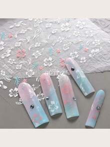 (una Hoja) Pegatina De Uñas Floral 5d En Rosa Y Blanco Fresco Con Adhesivo Trasero 3d Para Efecto Tridimensional - Multicolor - Ver 2